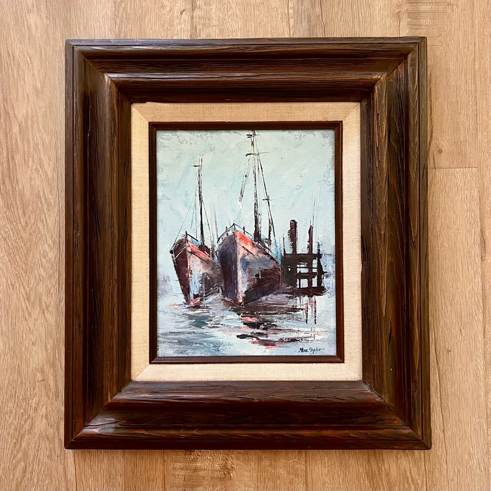 Mène Inglis Original Oil Painting, Nautical Ships On‎ Board, Wood Frame